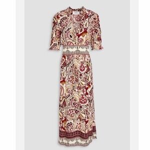 Ba&sh Zael Paisley Print Split Neck Short Sleeve Midi Dress Size US 2 XS